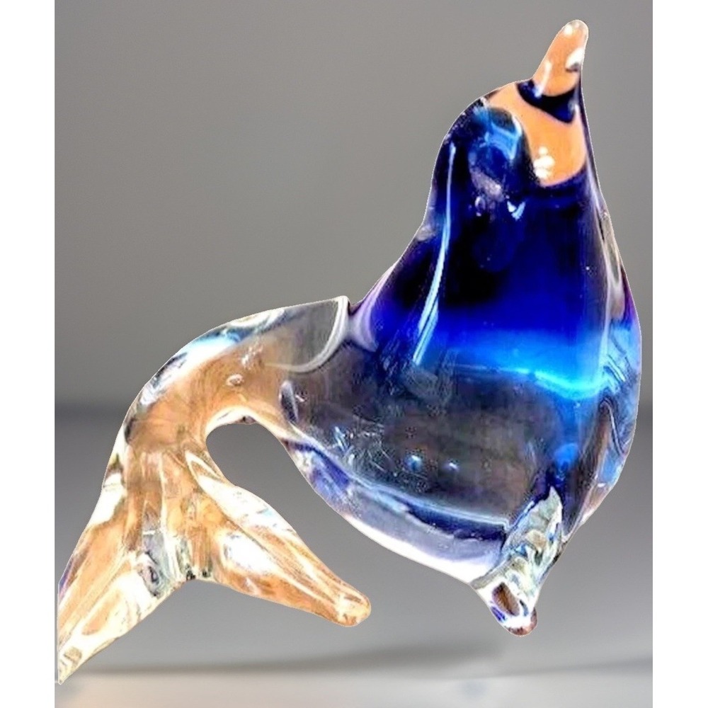 VTG Art Glass Sea Lion Dolphin Figurine Blue Sculpture Paperweight Nautical 4"